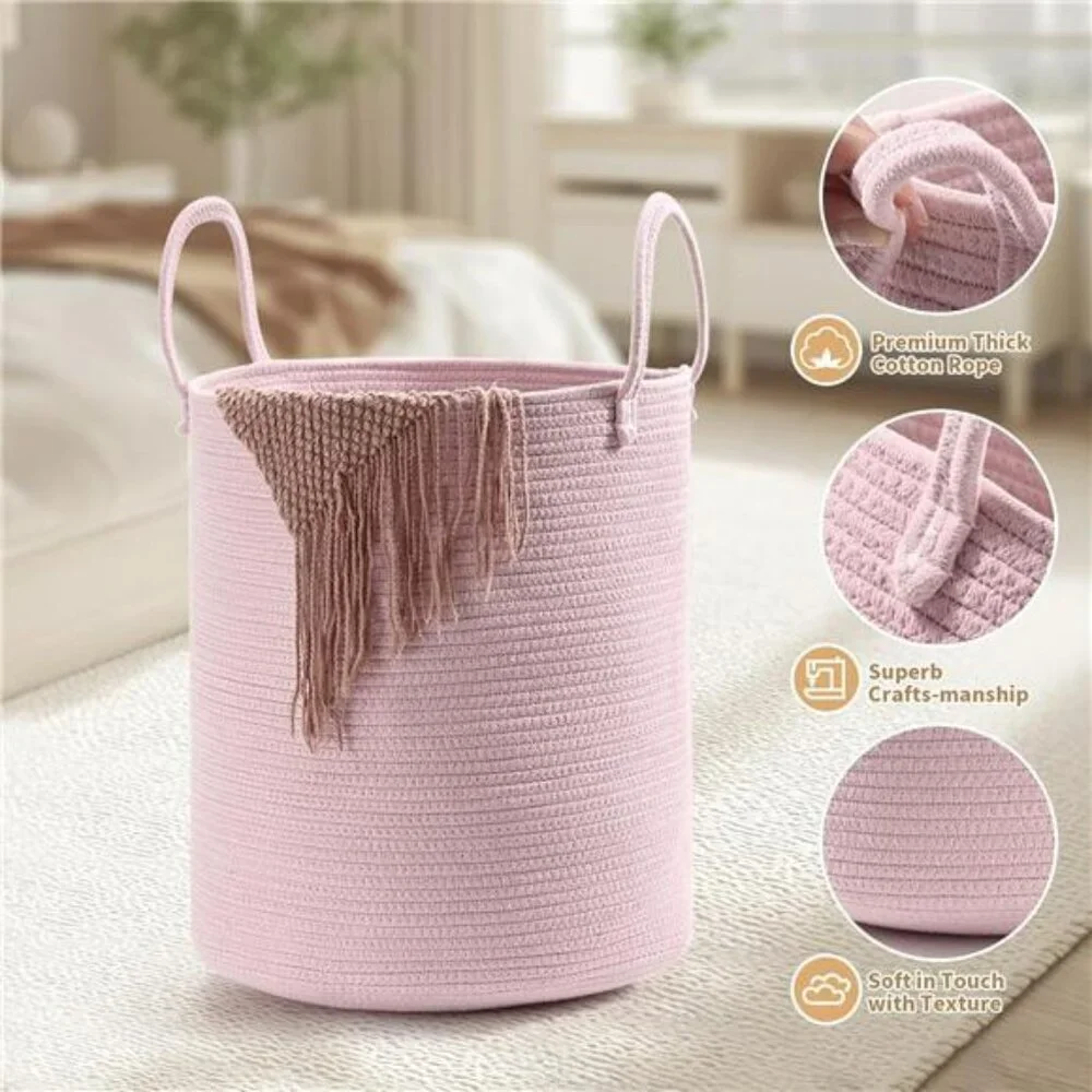 2 pack cotton rope laundry baskets tall woven storage bins pink beige nursery ha